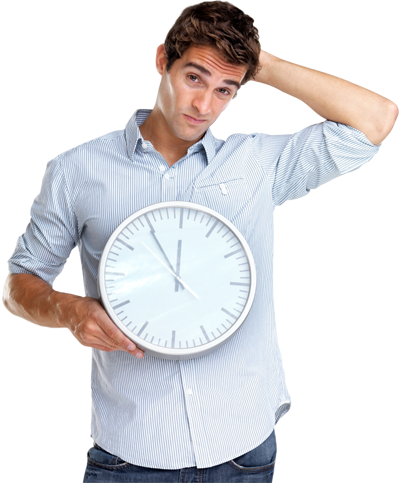 confused man with clock in hands