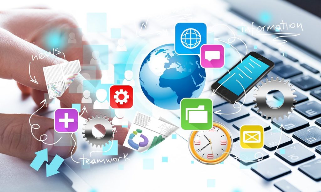 various apps icons with laptop background